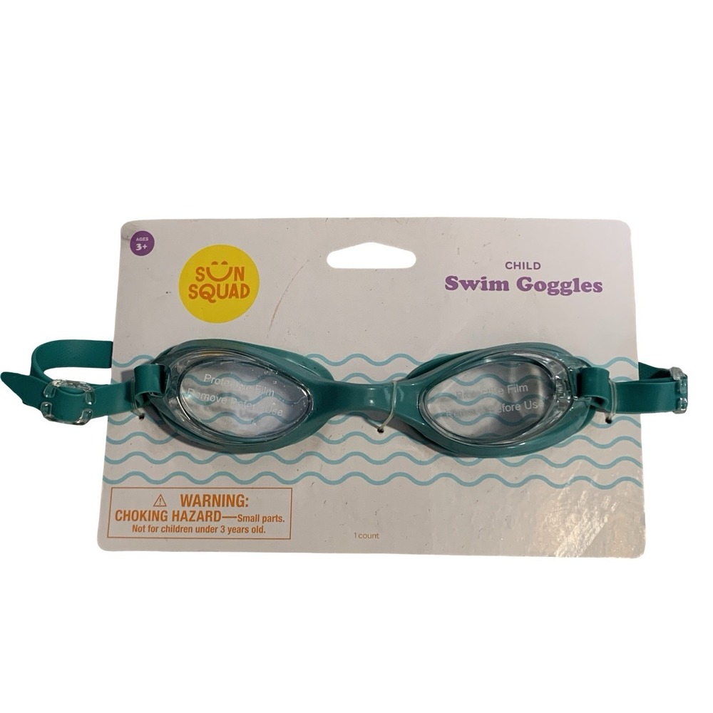 Sun Squad Child Swim Goggles Teal Adjustable Strap Ages 3+ 1 Pair NEW